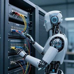 cyborg connected to mainframe with cables