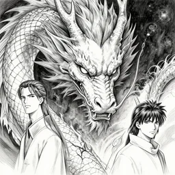 highly detailed picture of great dragon, sketch, manga, edge of the universe, perfectly face, highly detailed, masterpiece, trending on artstation, golden ratio, cinematic romantic magical, perfect intricate highly detailed painting by akira toriyama, masashi kishimoto, and hiroyuki asada, digital art