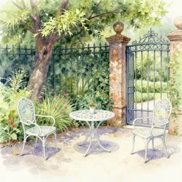 delicate, chairs, garden, paved, botanic watercolors, iridescent, 8 k, realistic shaded, fine details, artstation, italian, iron gate, tree, mediterranean