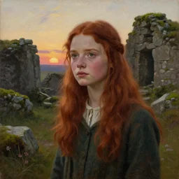 a well - lit, realistic portrait oil painting of a thoughtful girl resembling a young, shy, redheaded irish alicia vikander or millie bobby brown in moss - covered ancient stone ruins at sunset, highly detailed, intricate, concept art, artstation, by donato giancola, ron cobb, and artgerm