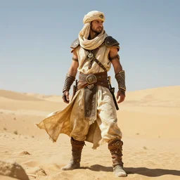 postapocalyptic explorer, desert mage fighter full body, in full light, detailed outfit, bright details, concept art pose, darek zabrocki, noah bradley, incredible details, berberic clothes, desert fighter ancient mage