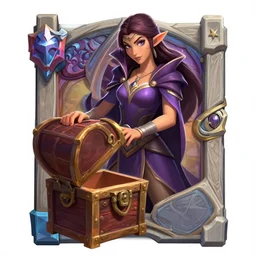 Full body Hearthstone official professional art, with realistic beautiful body & face & eyes. A sorceress opening a chest full of gold. Completly coherent and well drawned physical body parts, ArtStation. Very detailed hands with 5 coherent fingers.