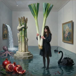 painting of a flooded art gallery and a tall emo girl, holding a giant leek, stone sculpture of asparagus, pomegranates, octopus, waterfall, zen, black swans, berries, surrealist, by magritte and monet