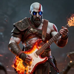 sunglasses kratos shredding on a flaming stratocaster guitar, cinematic render, god of war 2 0 1 8, santa monica studio official media, sunglasses, lightning, stripe over eye