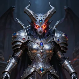 ancient horned androgynous god of lustful malice inspired by Slaanesh and Sephiroth, restrained androgynous demon lord aesthetics wearing silver armor adorned with precious gems, his eyes glare with iridescent fire of magical energy, epic portrait by Greg Rutkowski and Ross Tran and Dariusz Zawadski and Anna Dittmann, eerie wh40k aesthetics by Zdzislaw Beksinski, ultra detail, professionally detailed fantasy wh40k portrait, 4k, 8k, HDR, trending on ArtStation