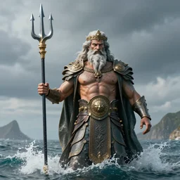 Sea emperor Poseidon raised trident, 8k, realistic