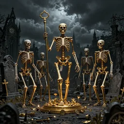 a group of skeleton with rotten flesh in a gothic cemetery, dark, night, stormy clouds, trending on artstation,subtle gold accents, beautifully lit, by zdzislaw beksinski, tsutomu nihei, peter mohrbacher, hyper detailed, insane, details, elegant, luxury, dramatic lighting, CGsociety, hypermaximalist,golden ratio, environmental key art, octane render, weta digital, micro details, structure, ray trace, 4k, epic
