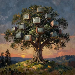 tree with CRT televisions in the branches on a hill, evening, photo realistic, oil painting