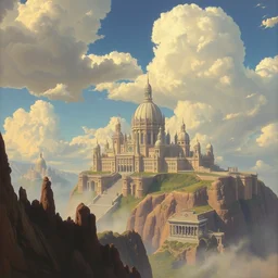 a painting by timofey stepanov, john harris, barlowe wayne, maxfield parrish, gustave dore and marco mazzoni. in the distance a gaint magnificent palace floating in the sky. hyper detailed.
