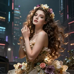 Beautiful portrait of the flower queen in a sensual pose, in the style of Dan Mumford's artwork, with a futuristic cyberpunk city in the background.