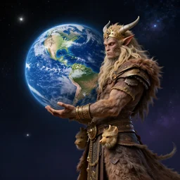 Mythological creature holding planet Earth in space