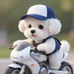 a closeup photorealistic photograph of a white bichon puppy wearing a baseball cap while driving a futuristic motorcycle Trending on Artstation, featured on Behance, well-rendered, Unreal Engine, 4K HD