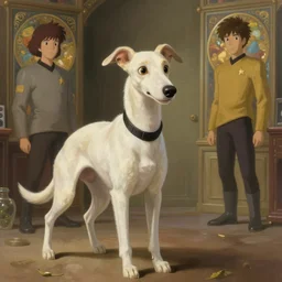 cute star trek officer white greyhound, natural lighting, path traced, highly detailed, high quality, digital painting, by don bluth and ross tran and studio ghibli and alphonse mucha, artgerm