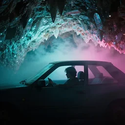 man in car, cave with crystals, glitter, volumetric light, foggy, smokey, moody, kodak photography, cyan and pink light