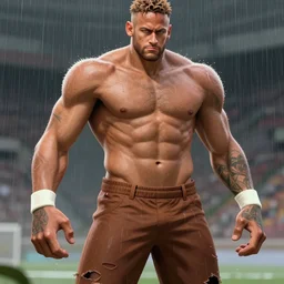 strongest neymar jr, highly detailed, super tall, white skin, very muscular face, strong, beast, brown pants with holes, rain background, digital art, pixiv fanbox, artstation, by greg rutkowski, wlop