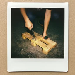 a polaroid photo of a man using hand jack pallet