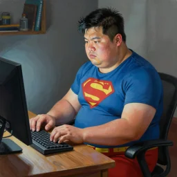 an insanely detailed painting of a chubby asian man wearing a homemade superhero costumed, sitting at a computer desk typing on the keyboard, in the style of peter mohrbacher, dramatic lighting and composition, trending on artstation, concept art, comic book, graphic novel