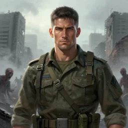 battle hardened charismatic man soldier muscular, face centered portrait, confident, ruined cityscape, zombies, fog, rain, volumetric lighting, soft light particles floating near her, illustration, perfectly shaded, soft painting, art by krenz cushart and wenjun lin