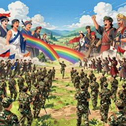 a zoomed out panoramic view an army of rainbow soul army calvary screaming into the battlefield. hyperrealistic anime background illustration by kim jung gi, colorful, extremely detailed intricate linework, smooth, super sharp focus, bright colors, high contrast, matte, octopath traveler, unreal engine 5 highly rendered, global illumination, radiant light