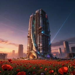 a beautiful very detailed rendering of architecture building urbex city nature tunnel unfinished building abandoned by bjarke ingels, cosmic vice city tundra sunset poppy at night laser at dusk tron assassin's creed alien sci - fi extraterrestial uv light dramatic lighting, archdaily, wallpaper, highly detailed, trending on artstation.