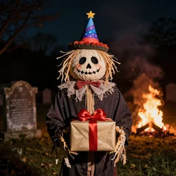 portrait photo still of a spooky scarecrow holding a birthday present, wearing a birthday hat, in front of an old cemetery on fire at night, 8 k, 8 5 mm f 1. 8