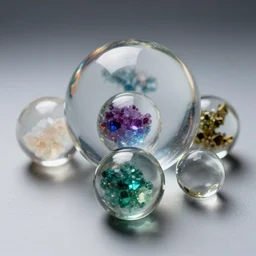 glass spheres with gemstones inside
