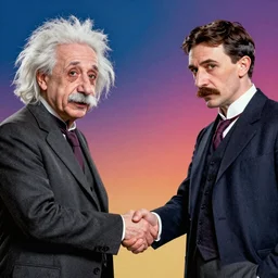 arcane style art of the Albert Einstein and Nikola Tesla handshaking, digital art, 3d, movie shot, cinematic perspective, studio shot, Vibrant colors, Smooth gradients