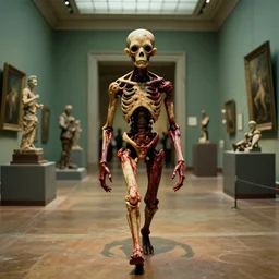 the strange disdainful creature walks through the museum, made of wax and blood, film still from the movie directed by Denis Villeneuve with art direction by Salvador Dalí, wide lens