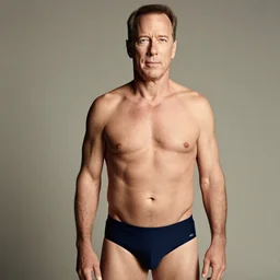 Photo of Bruce Willis in swimsuit, soft studio lighting, photo taken by Martin Schoeller for Abercrombie and Fitch, award-winning photo, 24mm f/1.4