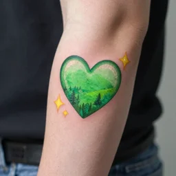 “cute neotraditional green heart emoji modern tattoo with sparkles, instagram tattoo artist showcase, healed design”