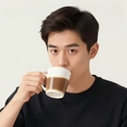 One-eyed man drinking coffee