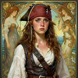 freckled teenage mediterranean pirate girl freckles freckles face of anxiety and worry, white linen and leather clothes and armor, seaside backgroud, art for best - selling award - winning young adult fantasy novel, intricate, elegant, well composed, highly detailed, art by chengwei pan and viktoria gavrilenko and artgerm and greg rutkowski and alphonse mucha, trending on artstation