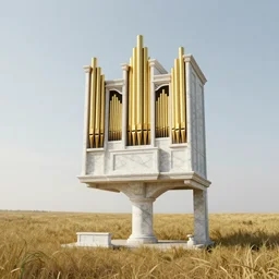 a detailed render of an isolated lonely marble pipe organ in a church, with large golden pipes, in the middle of a field, supported by a lone stone column, trending on artstation, render, 3 d, octane, 4 k, 8 k, unreal engine, cinema 4 d