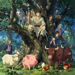 high intricate full shot of an anthropomorphic male druid in a tattered robe on an ancient tree, pig, sheep, wolf, bull, chicken, covered in blood, maria panfilova, andrea savchenko, mike kime, ludovic plouffe, qi sheng luo, oliver cook, makoto shinkai, trending on artstation