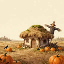 epic illustration, incredible wide screenshot, ultrawide, simple watercolor, rough paper texture, autumn, mushroom house, pumpkin patch, rustic, folk, hay, moss, crows, scarecrow, realism, pale beige sky, texture, brown mud, dust, backlit distant shot a scenic environment by Anton Fadeev
