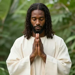 black communist jesus praying with his hands together in prayer hands dressed in robes, in a lush green north african garden, photorealistic, ultra highly detailed, in the style of realism and religious art, very colorful