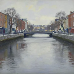 liffey river in dublin, winter, painted by edward hopper