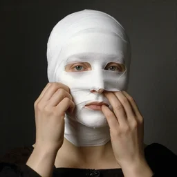 a woman, face wrapped in white paper, removes her face, takes off face, removes face, pulls at face, by jan van eyck,