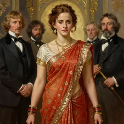 highly detailed oil painting | very intricate | cinematic lighting | award - winning | beautiful emma watson wearing assamese bihu mekhela costume | by charlie bowater, by greg rutkowski, by j. c. leyendecker and edmund blair leighton, beautiful cinematic light, american romanticism, by alphonse mucha, artstation, cgsociety, official art, octane