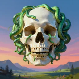hyperdetailed maximalist artwork by fatheat inspired by oozium. Artstation. 8k 4k 64megapixels seen from below. Ant's eye perspective. Focus Giant floating alabaster skull drapped over with 1000 twirling emerald snakes. Unreal engine 5. Surreal render. Slightly blurry speedpainted minimal Swiss landscape below in the style of loish and holosomnia. Unrealistic harmonic colors. Sundown.