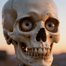 skull with eyeballs, hyper realism, cinematic, volumetric lighting, dramatic ambient lighting, epic composition, high detail, octane render, unreal engine, 8 k, depth of field, concept art, 3 d render, digital art, deviantart artstation, ray tracing, very sharp, sunset,