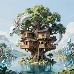 A beautiful digital painting of an enormous treehouse, big white dragon, crystal lake by Stanley Artgerm Lau,  Rossdraws, James Jean, gerald brom, Andrei Riabovitchev, Marc Simonetti, and Sakimichan, trending on artstation