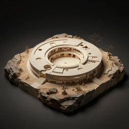 architectural model, isometric view, 3 d render, studio lighting, low contrast, dark background, highly detailed, a circular house with circular courtyards, on rocks on a desert, tree branches