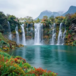 landscape photography, alien sifi waterfalls, high waterfalls and mountains, colorful plants, beautiful lake on the bottom with turquoise water, cold lighting, morning hour, brizz, beautiful, kodachrome, 4 k, hd