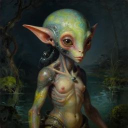 a close - up rococo portrait of an colorful alien elf - like creature with futuristic features standing in water, moss, and swamp. night time. rich colors, high contast. gloomy, highly detailed 1 8 th century sci - fi fantasy masterpiece painting by jean - honore fragonard, moebius, and johfra bosschart. artstation