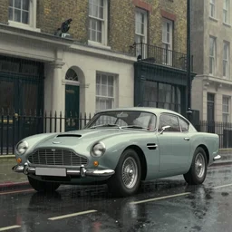 a wholesome animation key shot of one focused aston martin db 5, parked on a side of a wet london street, raining, medium range, studio ghibli, pixar and disney animation, sharp, very detailed, high resolution, anime key art by greg rutkowski, dull diffused side lighting