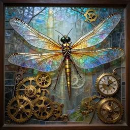 of a very detailed scene of a beautiful large mechanical dragonfly ; stained glass dragonfly ; brass and gears ; clock ; a matte painting by vladimir kush, alejandro burdisio ; trending on artstation ; beautifully lit ; epic cinematography ; 8 k resolution ; beautiful detailed photorealistic