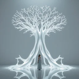 white tree fluid generative cellular architecture, woman standing, super architecture concept art by zaha hadid, symmetry