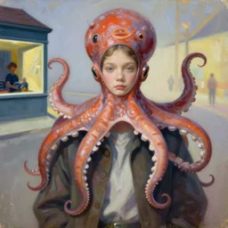 a beautiful girl wearing an octopus as a hat, painted by edgar maxence, edward hopper, wayne barlowe and james gilleard, airbrush, art by jamesjean