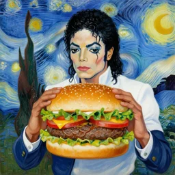 painting of micheal jackson as a mcdonald's burger, van gogh, surrealism
